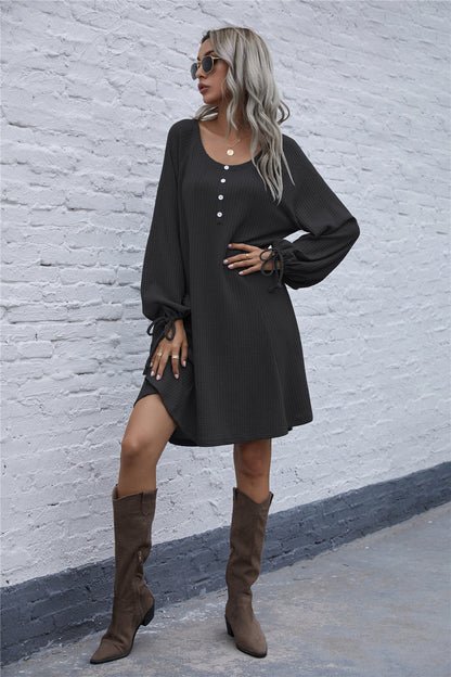 Lace-up Knit Round Neck Lantern Sleeve Mini Dresses