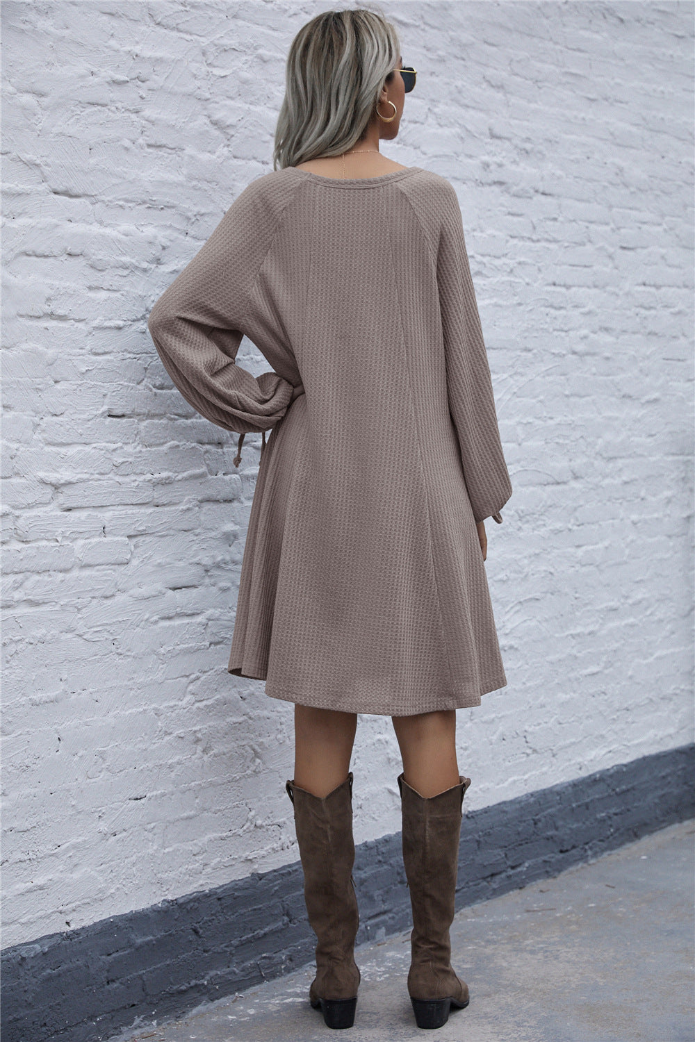 Lace-up Knit Round Neck Lantern Sleeve Mini Dresses
