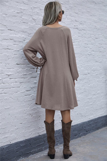 Lace-up Knit Round Neck Lantern Sleeve Mini Dresses