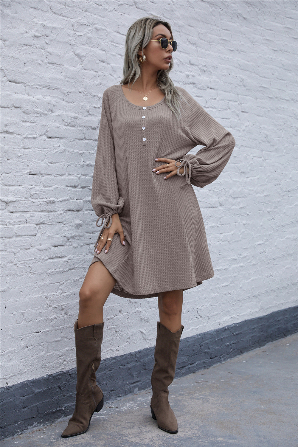 Lace-up Knit Round Neck Lantern Sleeve Mini Dresses