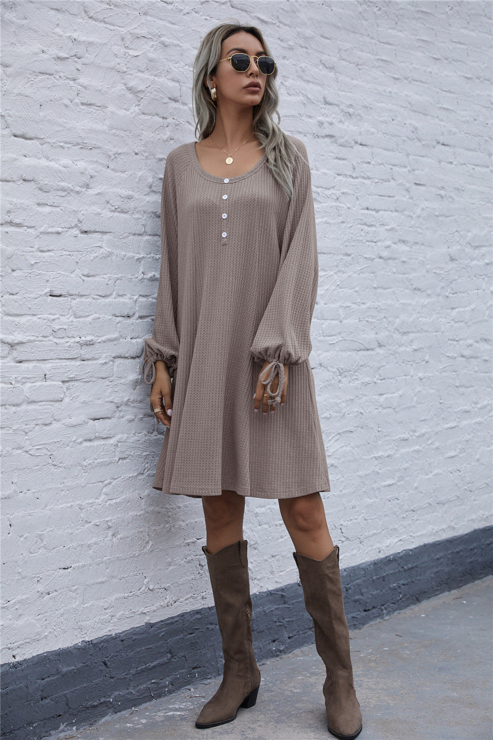 Lace-up Knit Round Neck Lantern Sleeve Mini Dresses