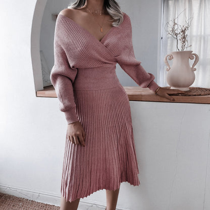 V-neck Irregular Hem Pleated Knit Sweater Midi Dresses Pink