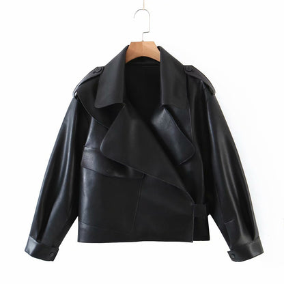 Pile Collar Pocket Crop Leather Tops Jacket Outerwear