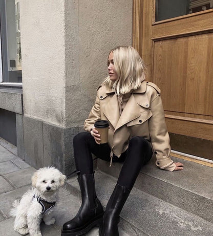 Pile Collar Pocket Crop Leather Tops Jacket Outerwear