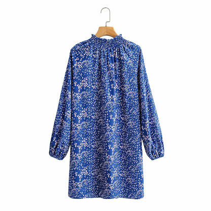 Floral High-collared Bubble Sleeve Lace-up Mini Dresses