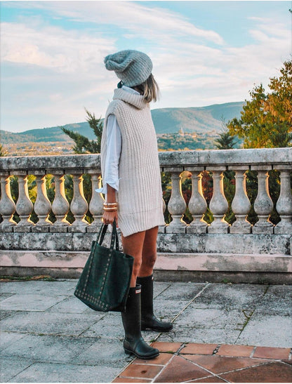 Casual Pile Collar High-collared Sweaters Mini Dresses Black