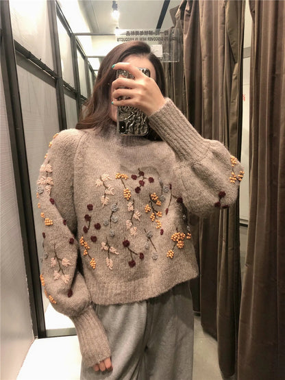 Round Neck Knit Beaded Floral Sweaters