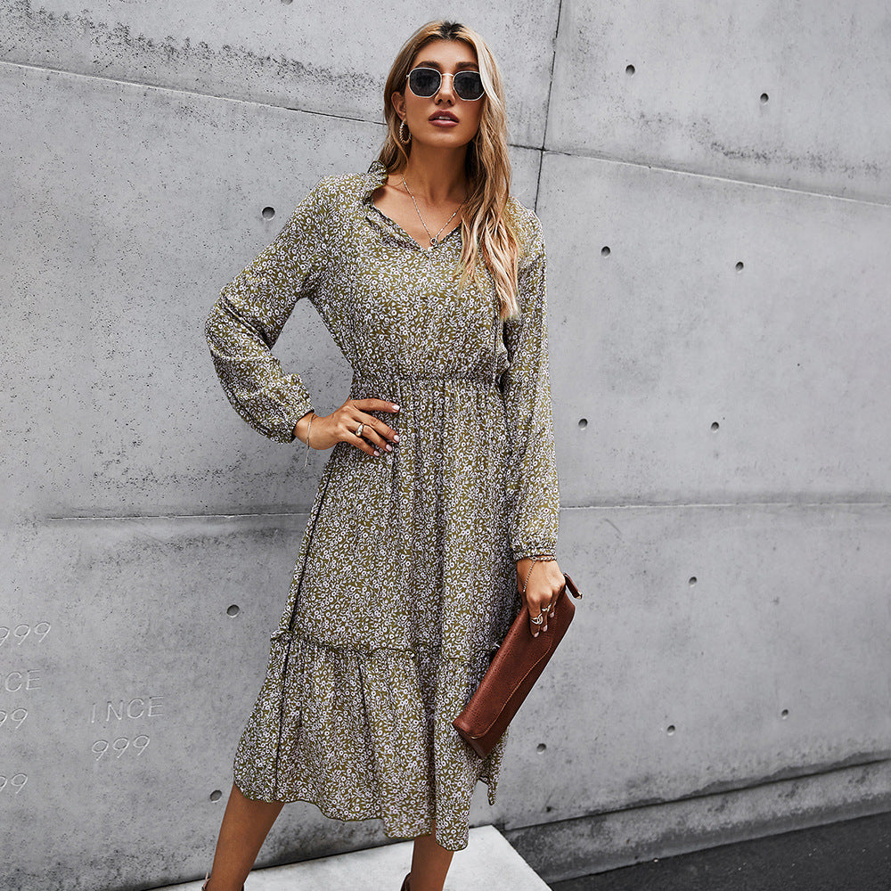 Floral V-neck Ruffles Elastic Waist Midi Dresses