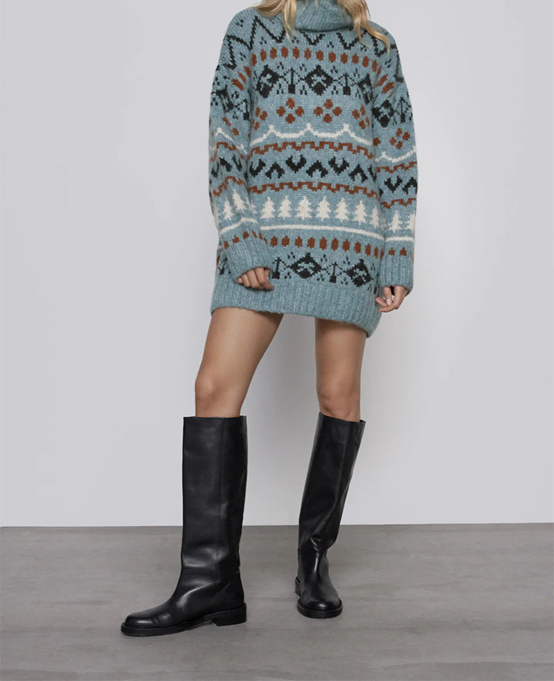 Argyle Pattern Christmas Tree High-collar Sweaters Mini Dresses