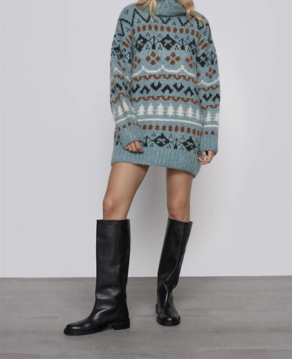Argyle Pattern Christmas Tree High-collar Sweaters Mini Dresses