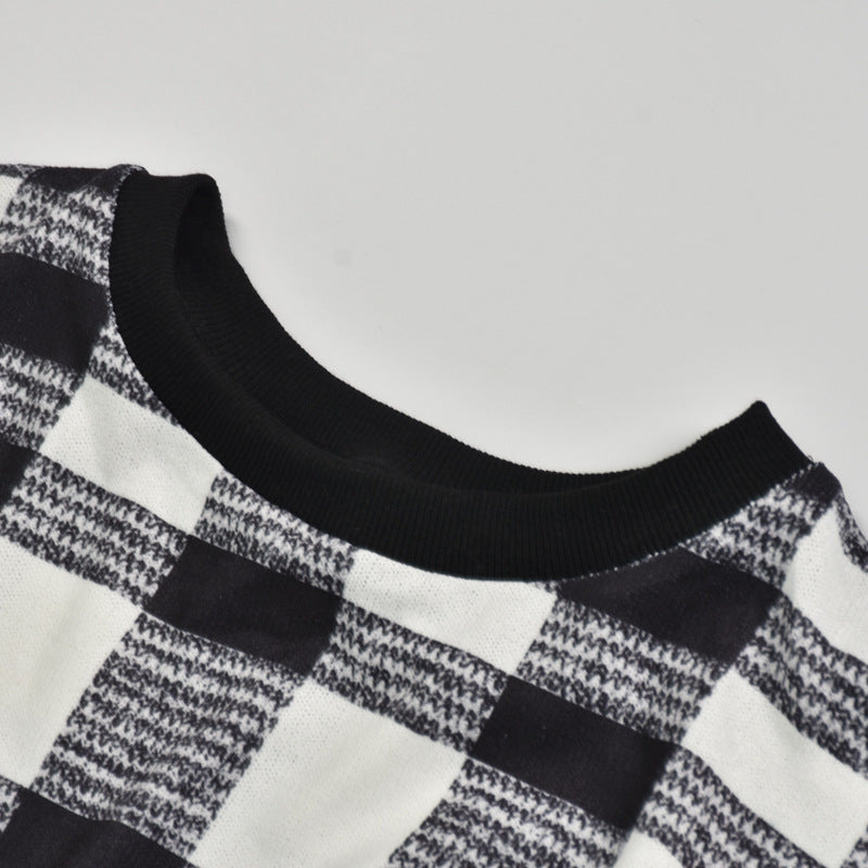 Houndstooth Round Collar Knit Plaid Blouses