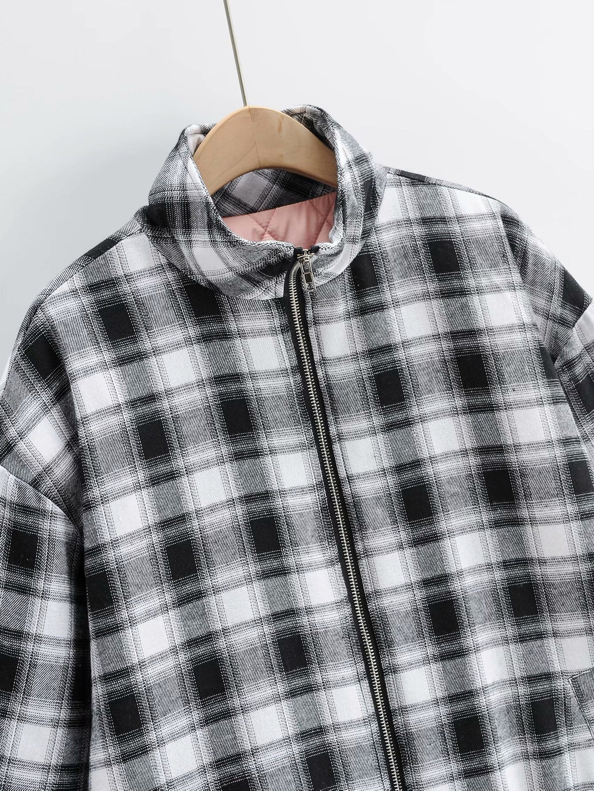 Zipper Stand Collar Geometry Plaid Elastic Sleeves Outerwear