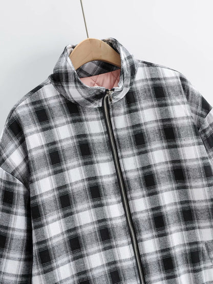 Zipper Stand Collar Geometry Plaid Elastic Sleeves Outerwear