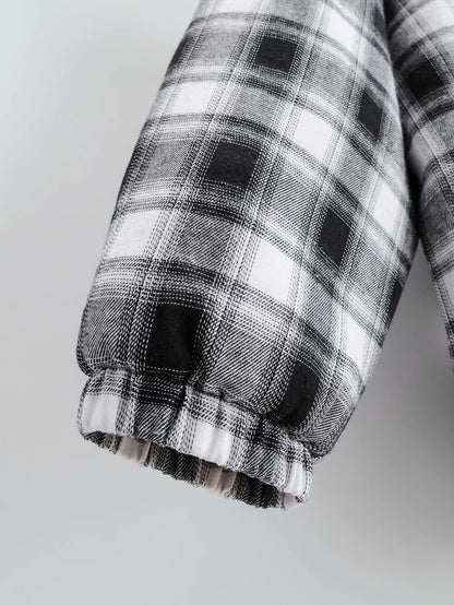 Zipper Stand Collar Geometry Plaid Elastic Sleeves Outerwear