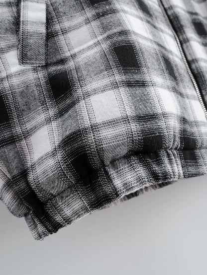 Zipper Stand Collar Geometry Plaid Elastic Sleeves Outerwear