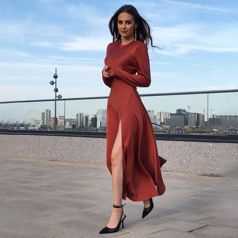 Round Neck Slit Leg Silk Party Maxi Midi Dresses