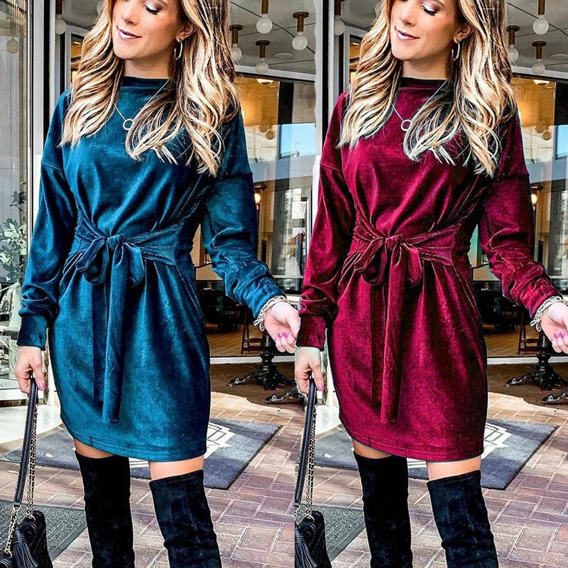 Velvet Casual Round Neck Bodycon Party Mini Dresses