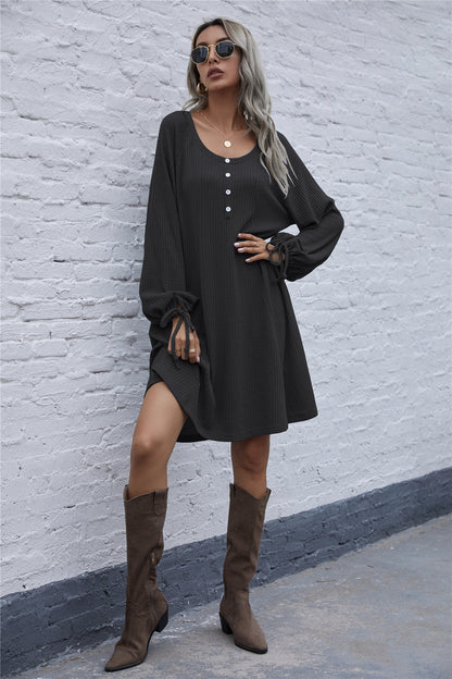 Lace-up Knit Round Neck Lantern Sleeve Mini Dresses