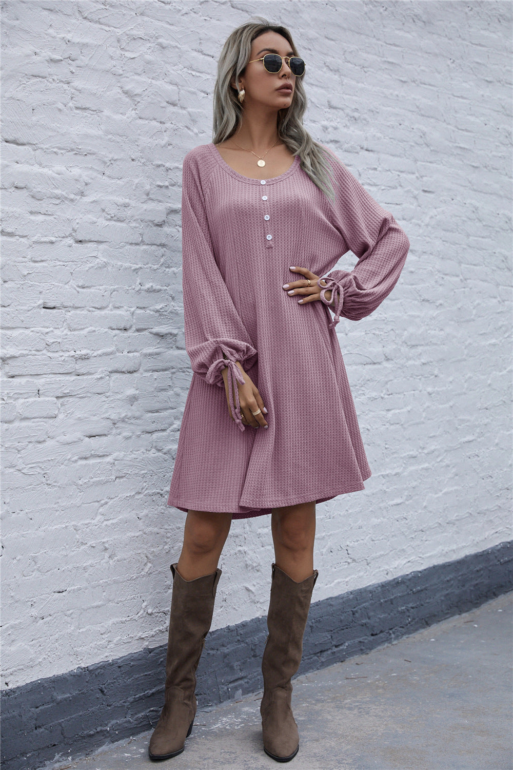 Lace-up Knit Round Neck Lantern Sleeve Mini Dresses