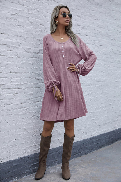 Lace-up Knit Round Neck Lantern Sleeve Mini Dresses