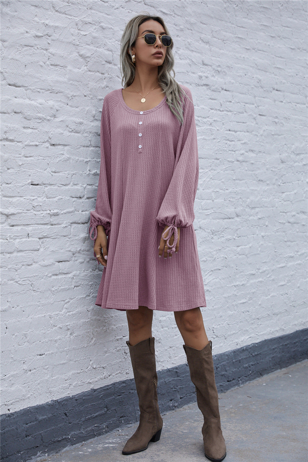 Lace-up Knit Round Neck Lantern Sleeve Mini Dresses