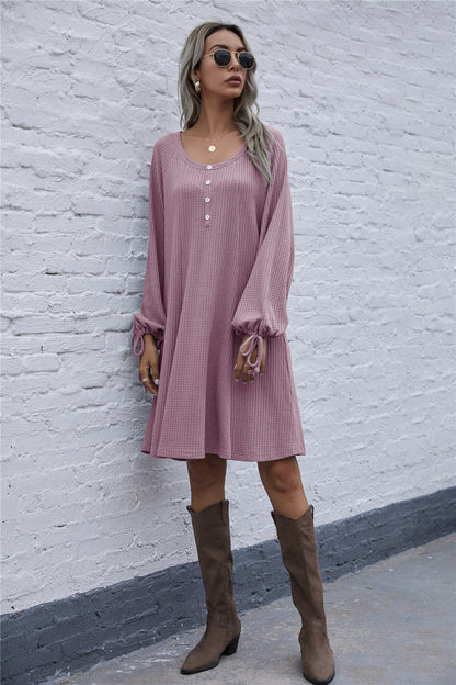 Lace-up Knit Round Neck Lantern Sleeve Mini Dresses