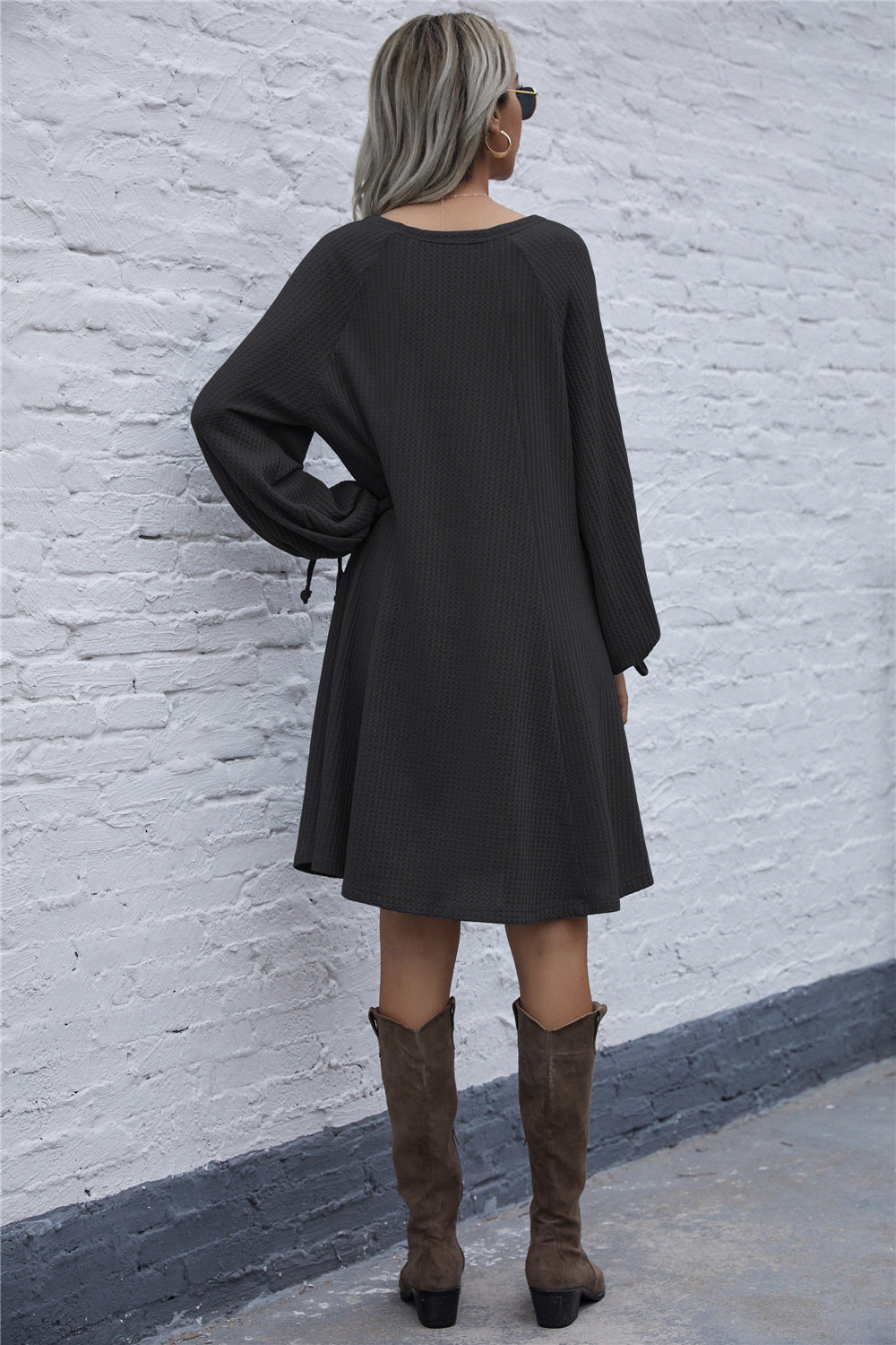 Lace-up Knit Round Neck Lantern Sleeve Mini Dresses