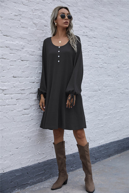 Lace-up Knit Round Neck Lantern Sleeve Mini Dresses