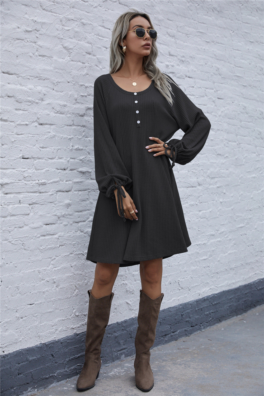 Lace-up Knit Round Neck Lantern Sleeve Mini Dresses