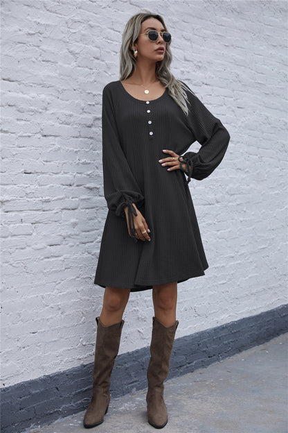 Lace-up Knit Round Neck Lantern Sleeve Mini Dresses