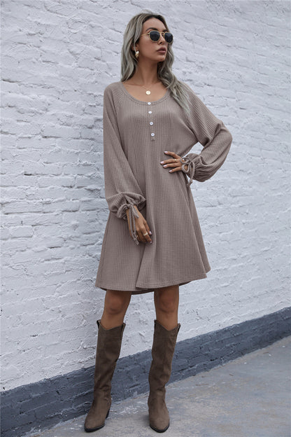Lace-up Knit Round Neck Lantern Sleeve Mini Dresses