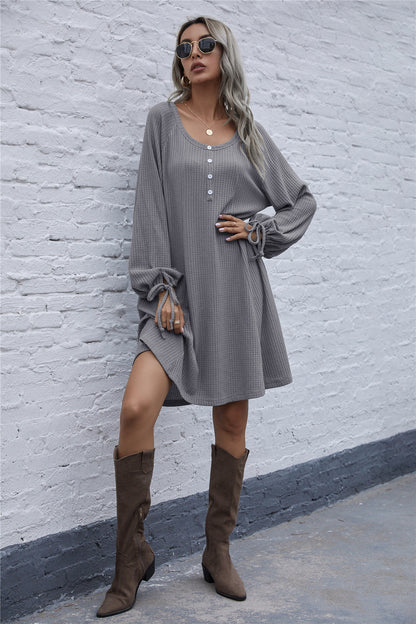 Lace-up Knit Round Neck Lantern Sleeve Mini Dresses
