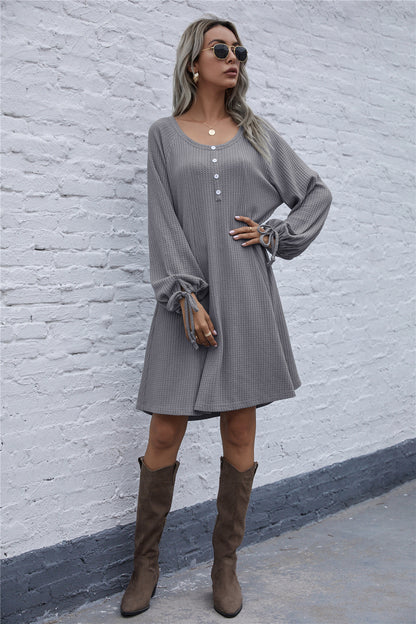 Lace-up Knit Round Neck Lantern Sleeve Mini Dresses