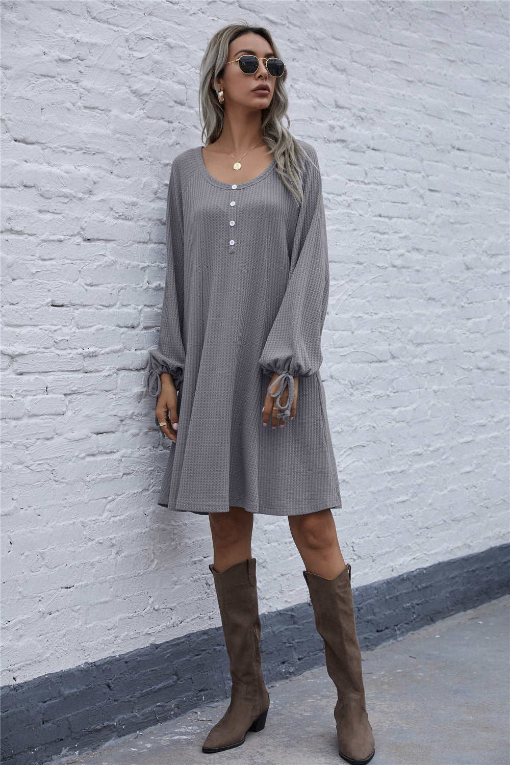 Lace-up Knit Round Neck Lantern Sleeve Mini Dresses