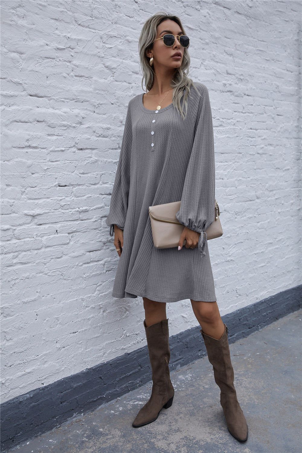 Lace-up Knit Round Neck Lantern Sleeve Mini Dresses