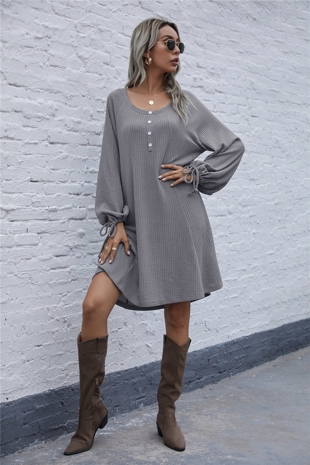 Lace-up Knit Round Neck Lantern Sleeve Mini Dresses