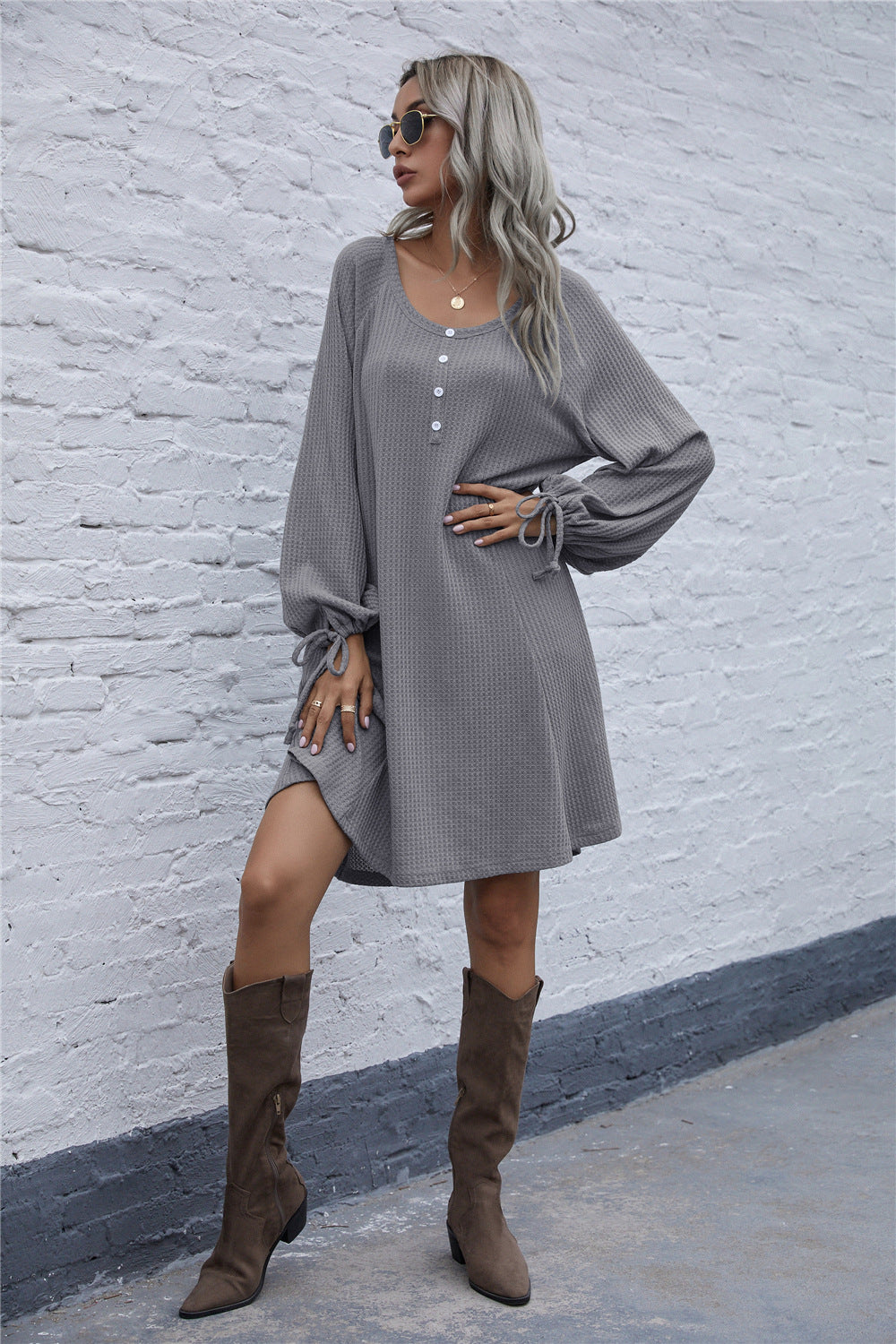 Lace-up Knit Round Neck Lantern Sleeve Mini Dresses
