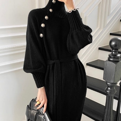 Knit High Collar Lace-up Puff Sleeve Sweater Midi Dresses