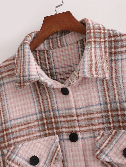 Single-breasted Pocket Geometry Plaid Elastic Sleeves Outerwear
