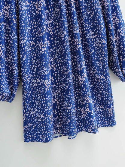 Floral High-collared Bubble Sleeve Lace-up Mini Dresses
