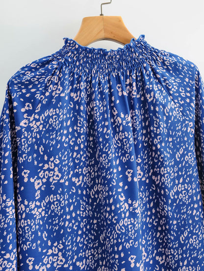Floral High-collared Bubble Sleeve Lace-up Mini Dresses