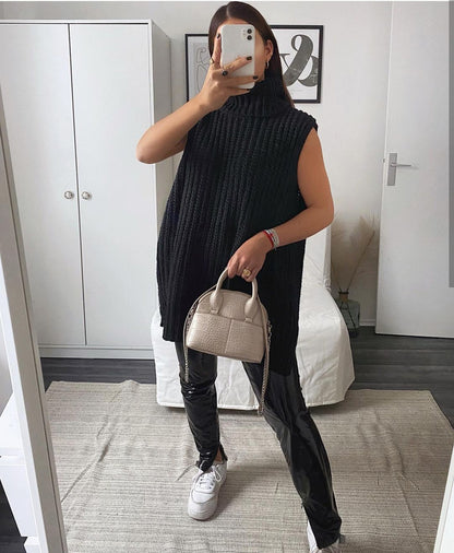 Casual Pile Collar High-collared Sweaters Mini Dresses Black