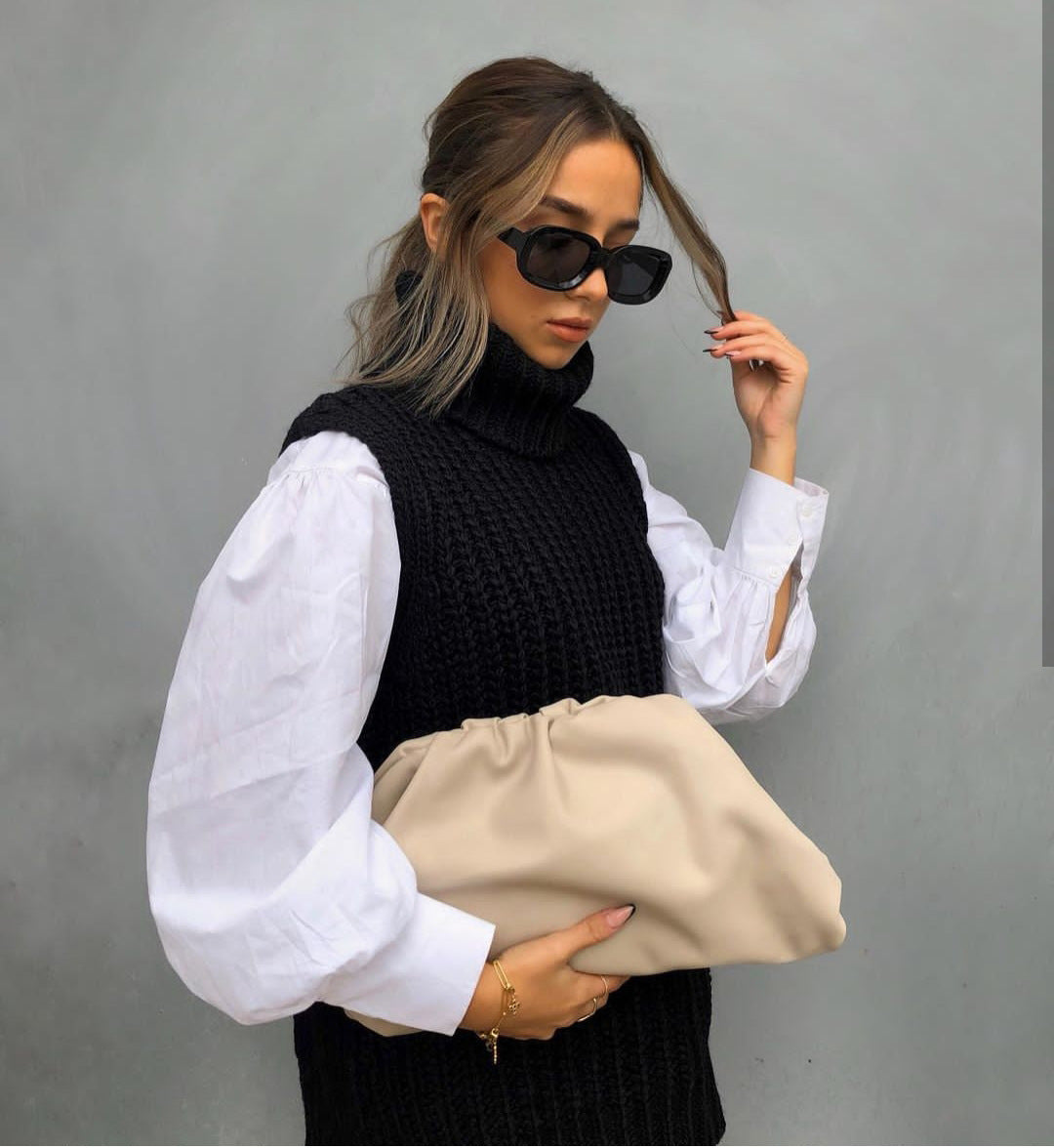 Casual Pile Collar High-collared Sweaters Mini Dresses Black