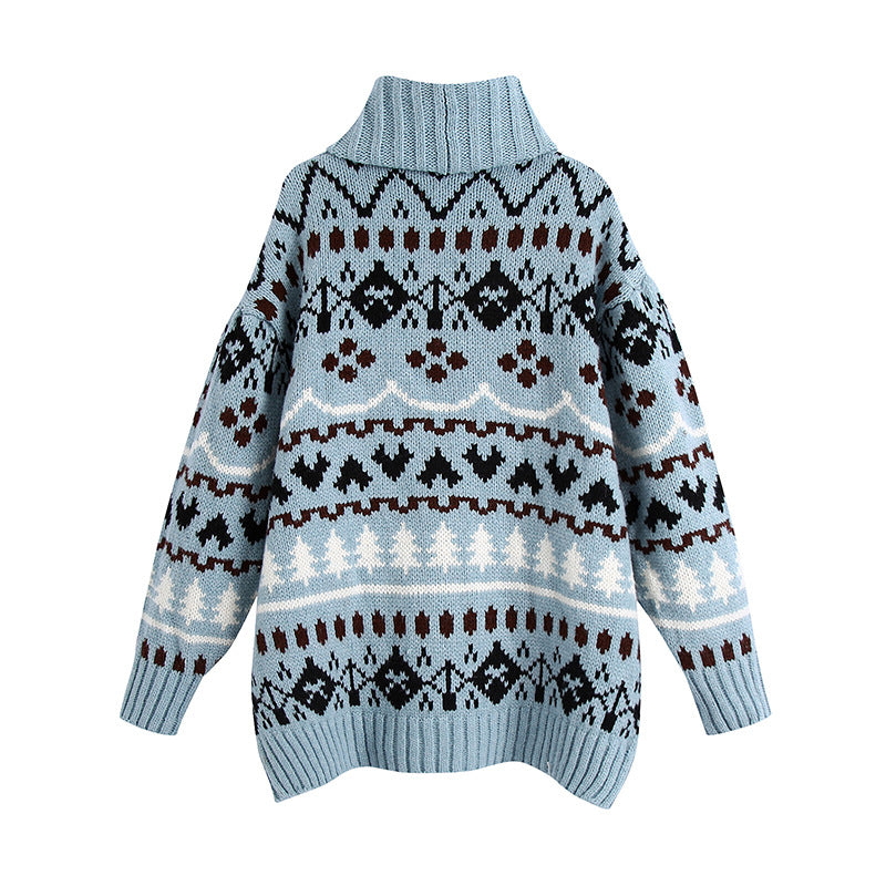 Argyle Pattern Christmas Tree High-collar Sweaters Mini Dresses