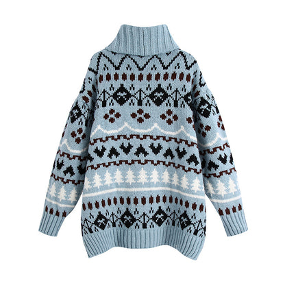 Argyle Pattern Christmas Tree High-collar Sweaters Mini Dresses