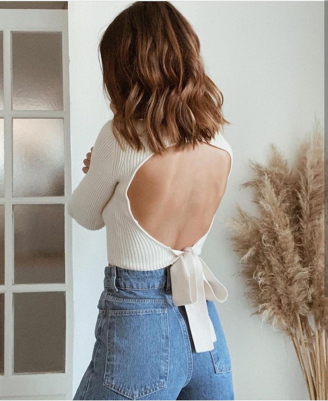 High Collar Bow Knot Backless Knit Sweaters White