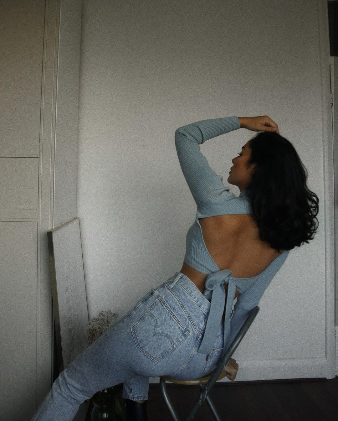 High Collar Bow Knot Backless Knit Sweaters White