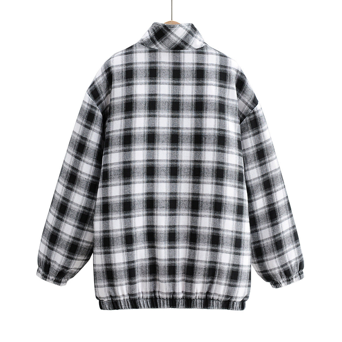 Zipper Stand Collar Geometry Plaid Elastic Sleeves Outerwear
