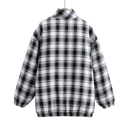 Zipper Stand Collar Geometry Plaid Elastic Sleeves Outerwear