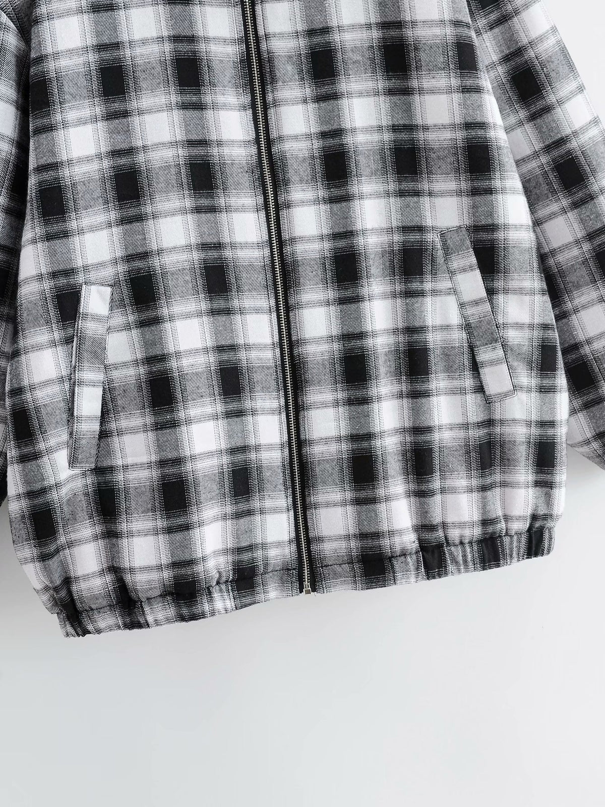 Zipper Stand Collar Geometry Plaid Elastic Sleeves Outerwear